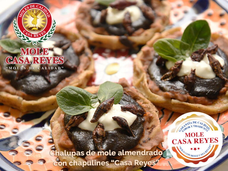 Chalupas con mole y chapulines